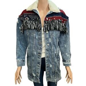Zara Trafaluc Aztec Denim Jacket XS/S Boho Fringe Studs Distressed Sherpa Lined